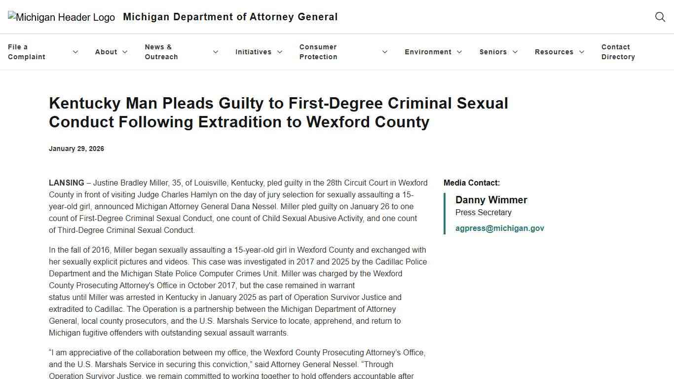 Attorney General: Kentucky Man Pleads Guilty to First-Degree Criminal Sexual Conduct Following Extradition to Wexford County
